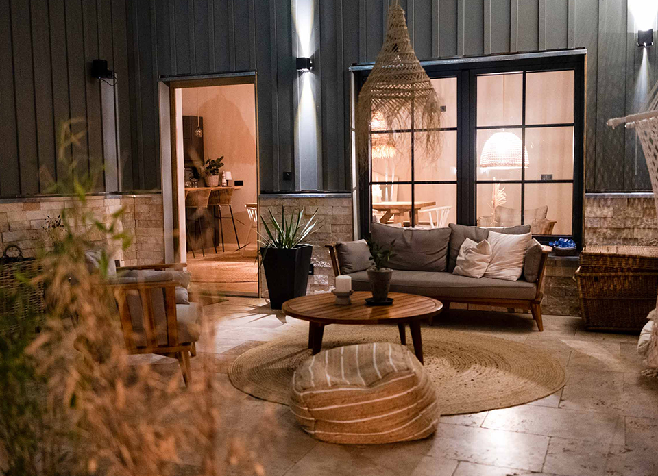 Cozy seating area in the holiday resort CHALET at night