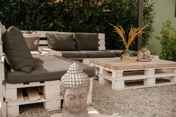 Outdoor seating area with Far Eastern decoration